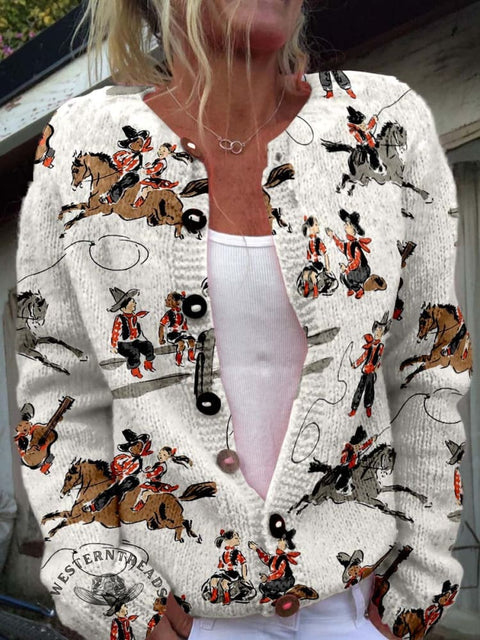 Western Cowboy Print Buttoned Cardigan Sweater