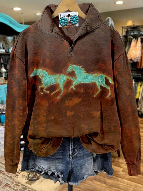 Vintage Print Casual Long Sleeve Zip Sweatshirt