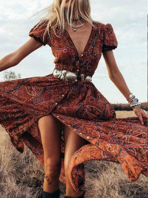 Women's Printed V-Neck Short Sleeve Bohemian Resort Maxi Dress
