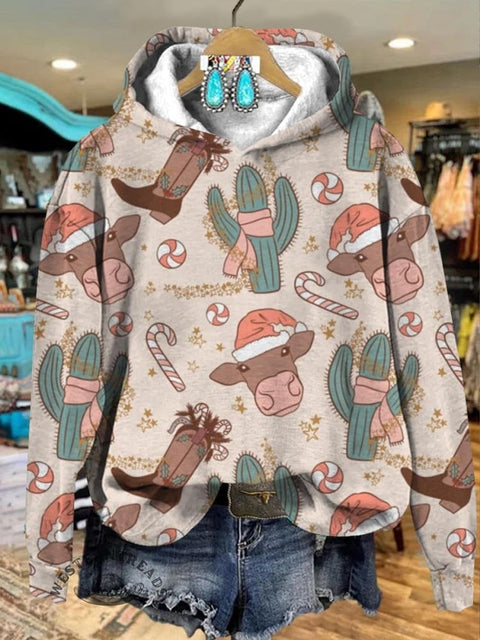 Christmas Cow and Cactus Print Casual Sweatshirt