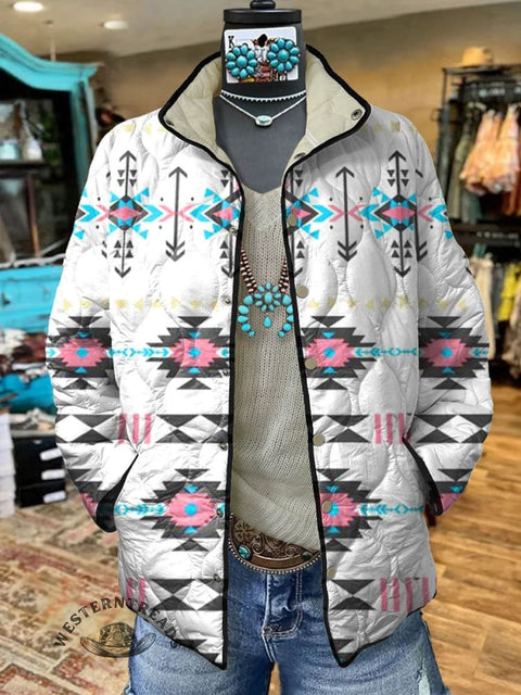 Women's Arrows Aztec Art Print Casual Quilted Cardigan