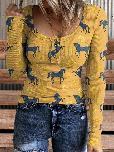 Women's Western Horse Print Casual Comfortable Cotton Henley Shirt
