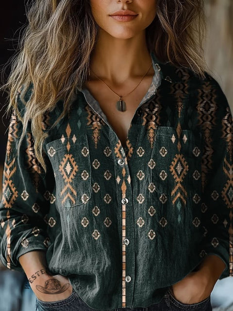 Women's Retro Dark Green Rhombus Art Print Casual Long Sleeve Comfortable Cotton Shirt