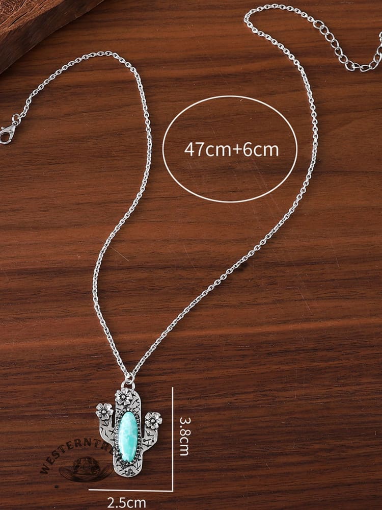 Vintage Inlaid Turquoise Cactus Pendant Necklace