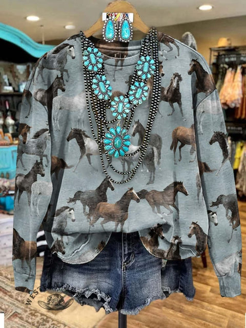Turquoise Horse Print Casual Sweatshirt