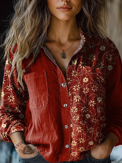Women's Retro Red Floral Print Casual Long Sleeve Comfortable Cotton Shirt