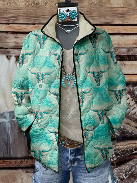 Western Cattle Skull Print Casual Quilted Cardigan