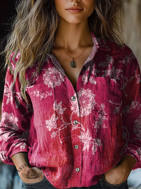 Women's Retro Pink Flowers Print Casual Long Sleeve Comfortable Cotton Shirt