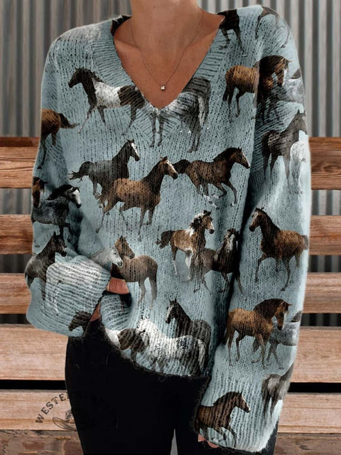 Women's Horse Casual V-neck Pullover Knit