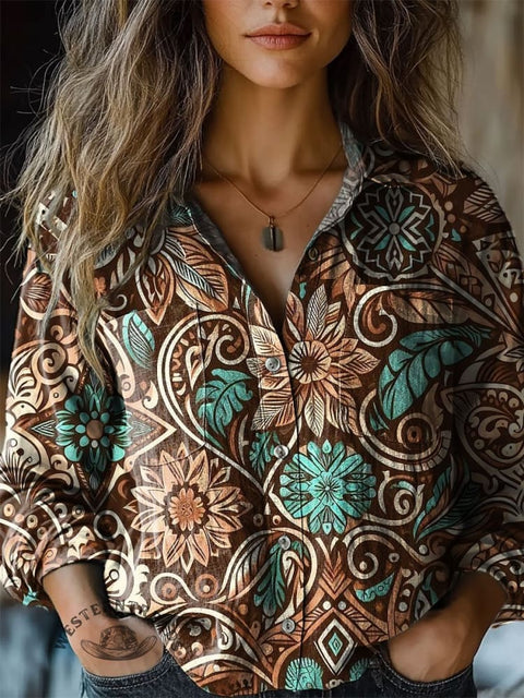 Women's Retro Flowers Print Casual Long Sleeve Comfortable Cotton Shirt