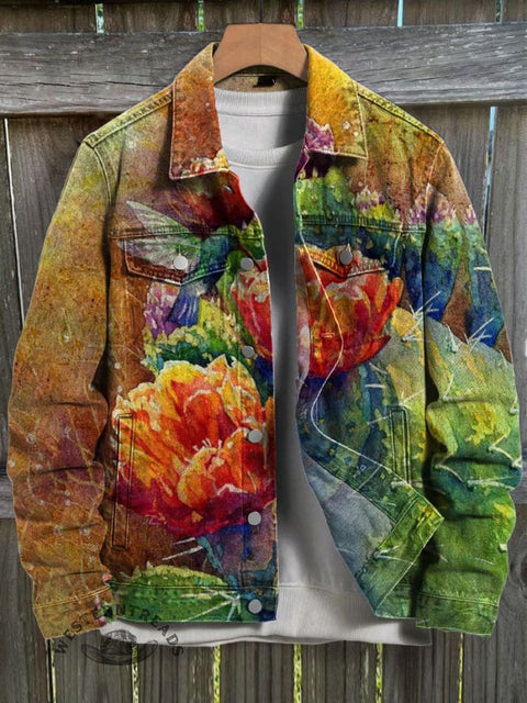 Vintage Yellow Cactus Flowers Art Print Casual Denim Jacket