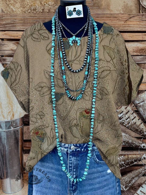 Women's Ethnic Floral Print Casual Cotton And Linen Shirt