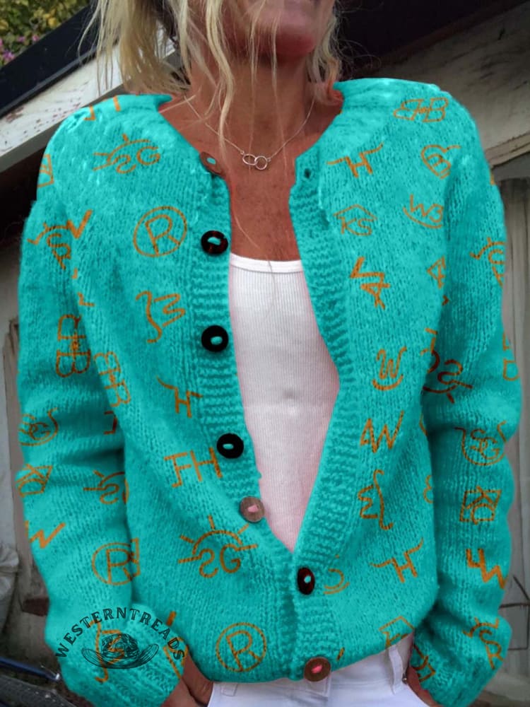 Western Cattle Brands Print Buttoned Cardigan Sweater