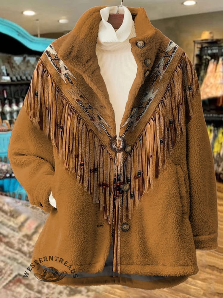 Women's Yellow Ethnic Geometry Art Print Casual Sherpa Coat Cardigan