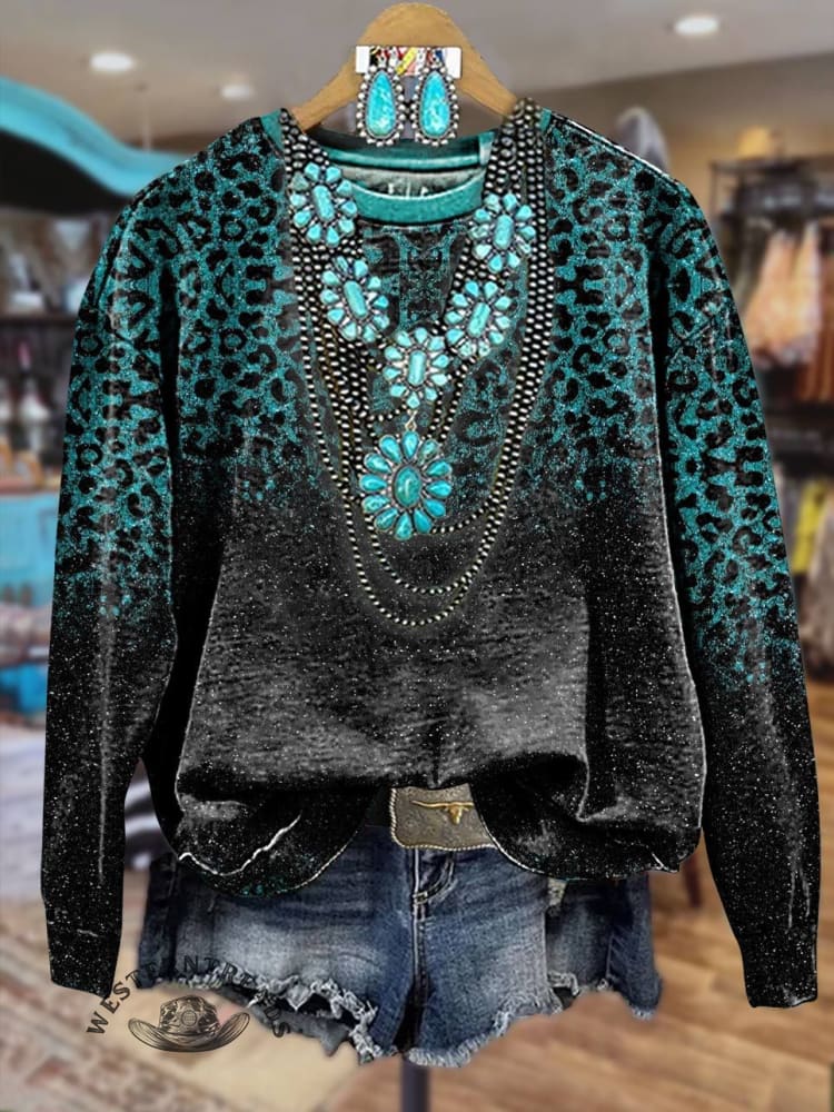 Green Glam Leopard Print Casual Sweatshirt
