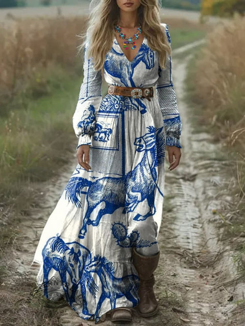 Women's Retro Horse Art Print Pocket Cotton Dress