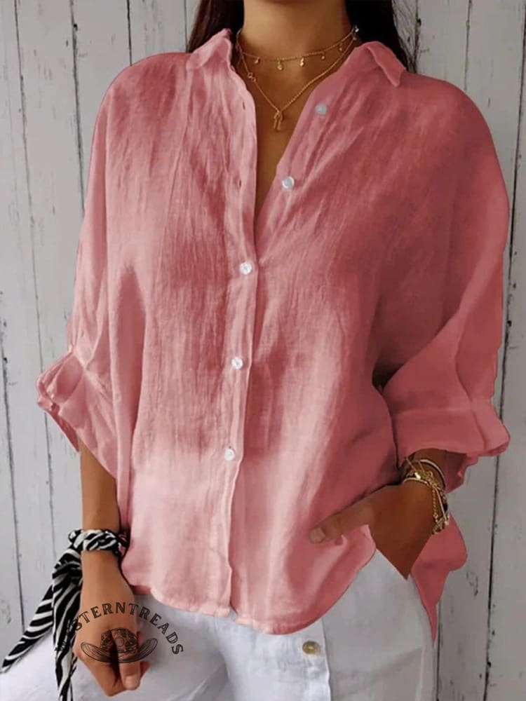Women's Solid Color Cotton & Linen Casual Tie-back Shirt