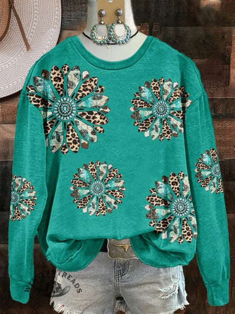 Turquoise Flowers Print Casual Sweatshirt