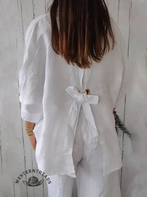 Women's Solid Color Cotton & Linen Casual Tie-back Shirt