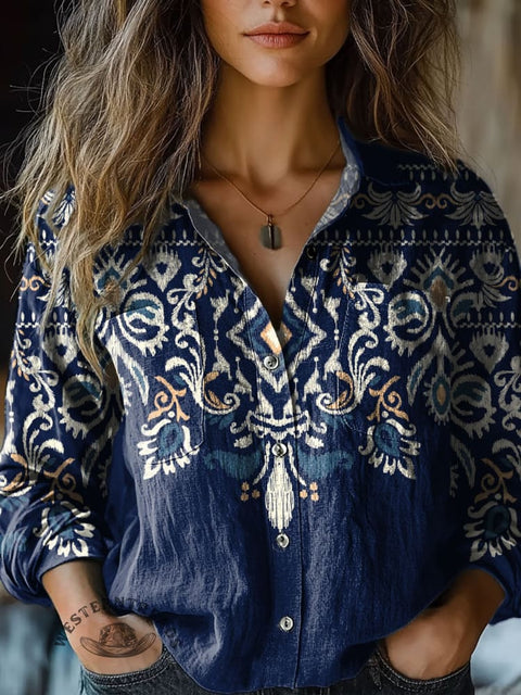 Women's Dark Blue Retro Diamond Pattern Art Print Casual Long Sleeve Comfortable Cotton Shirt