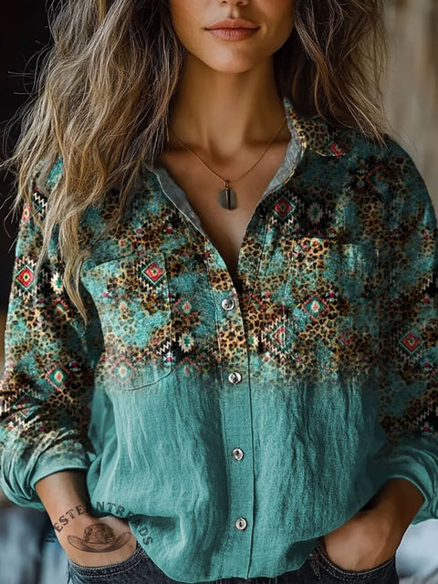 Women's Vintage Cyan Leopard Aztec Art Print Casual Long Sleeve Comfortable Cotton Shirt