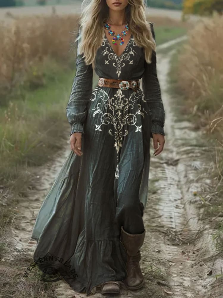 Women's Vintage Art Print Pocket Cotton Dress