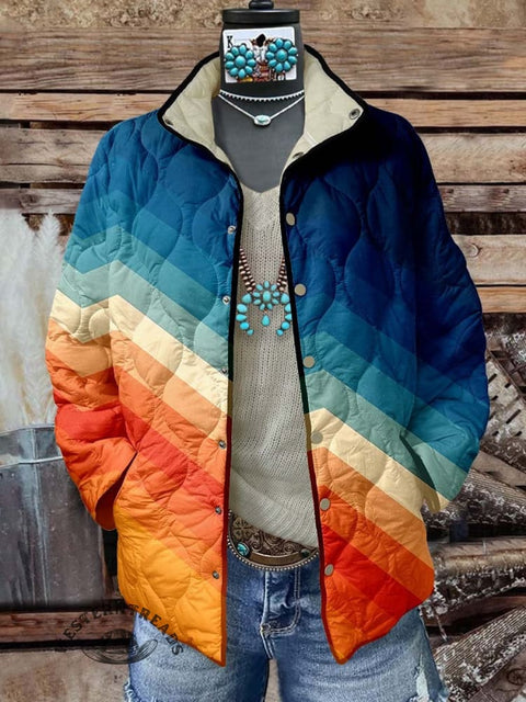 Women's Orange and Blue Stripes Print Casual Quilted Cardigan