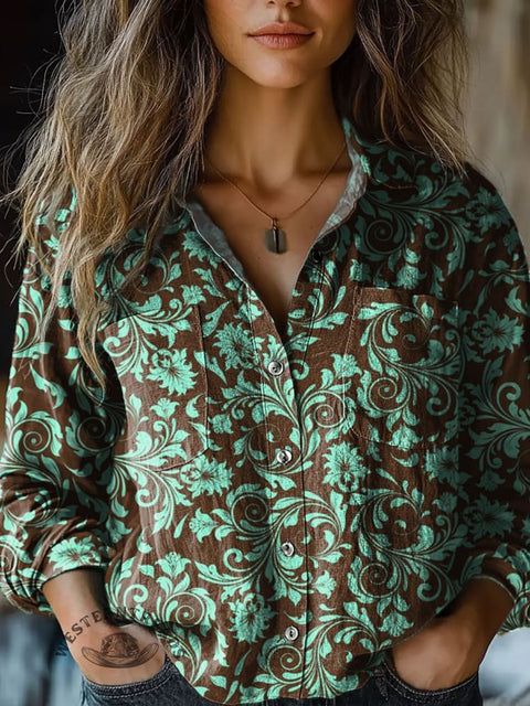 Women's Retro Cyan Flowers Print Casual Long Sleeve Comfortable Cotton Shirt