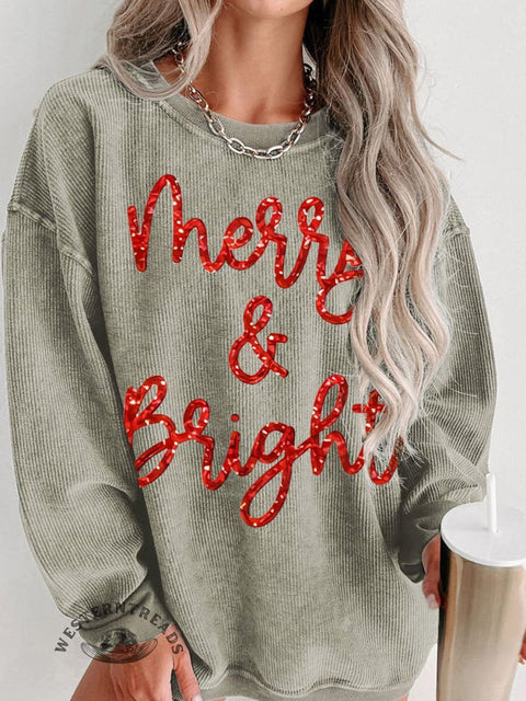 Christmas Sparkly Glitter Merry and Bright  Women's Casual Print Sweatshirt