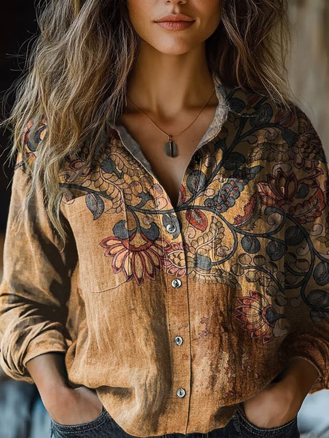 Women's Retro Brown Floral Print Casual Long Sleeve Comfortable Cotton Shirt