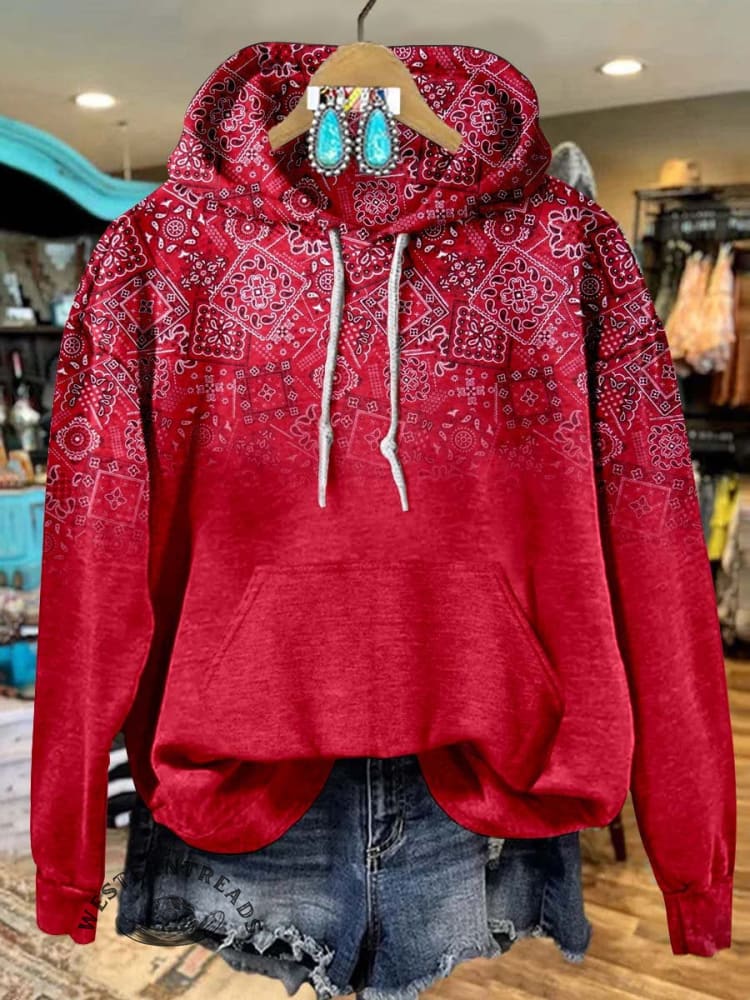 Women's Retro Paisley Pattern Red Gradient Hooded Sweatshirt Hoodie