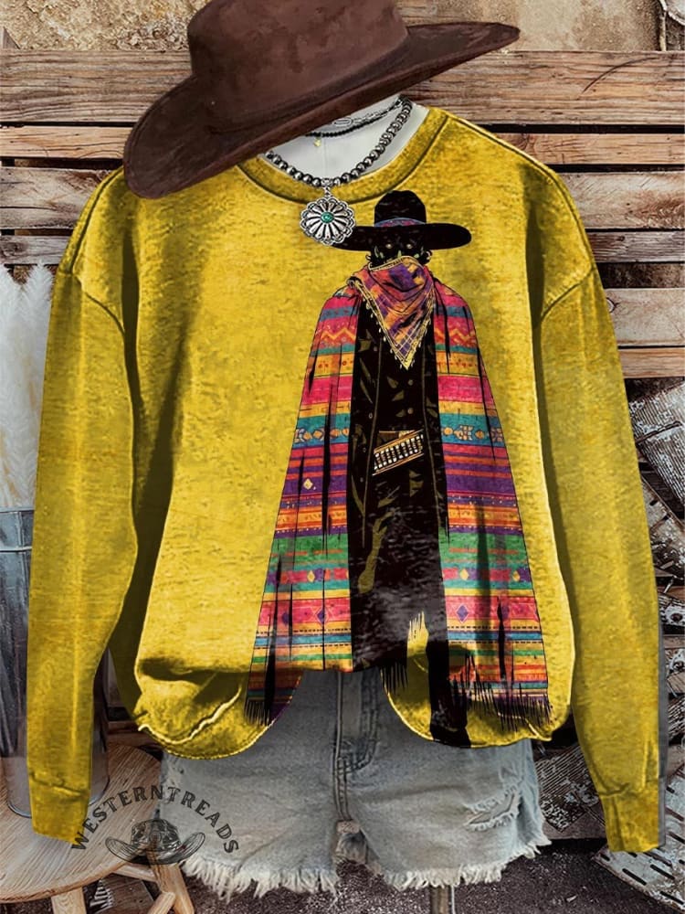 Vintage Yellow Western Cowboy Print Crewneck Sweatshirt