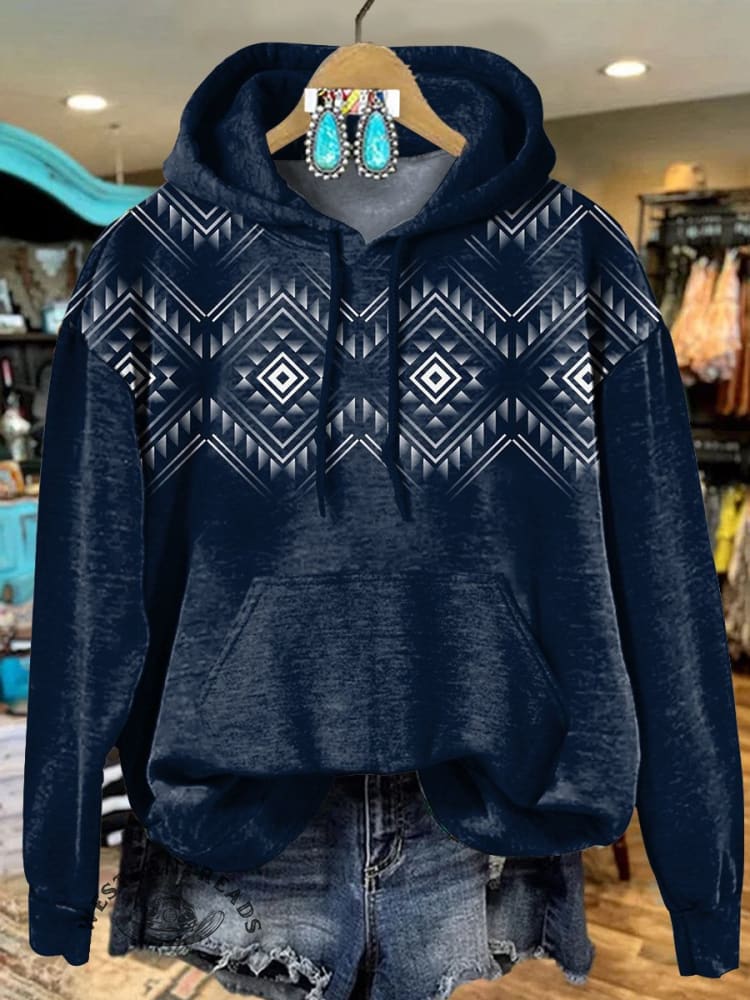 Navyblue Vintage Aztec Print Long Sleeve Casual Sweatshirt Hoodie
