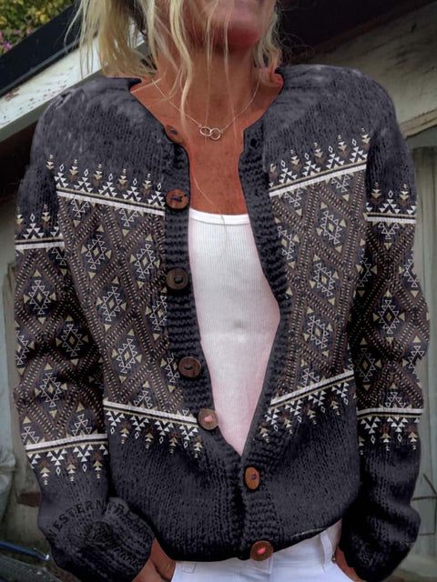 Black Print Buttoned Cardigan Sweater