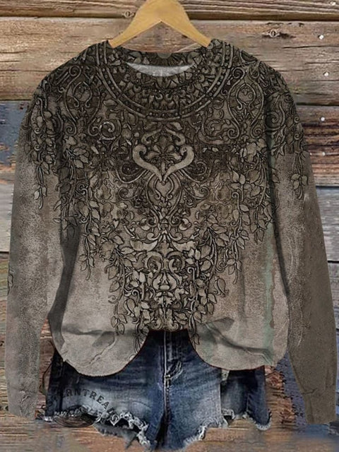 Women's Retro Pattern Art Print Casual Crew Neck Sweatshirt