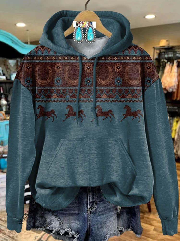 ?Limited Time Discount?Vintage Aztec Horse Art Print Casual Hoodie Sweatshirt