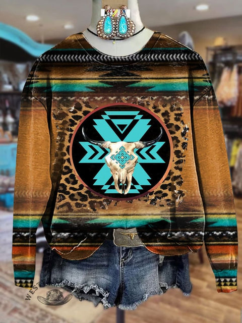 Longhorn Skull Ethnic Striped Print Crew Neck Sweatshirt