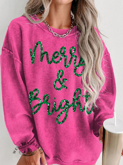 Christmas Sparkly Glitter Merry and Bright  Women's Casual Print Sweatshirt