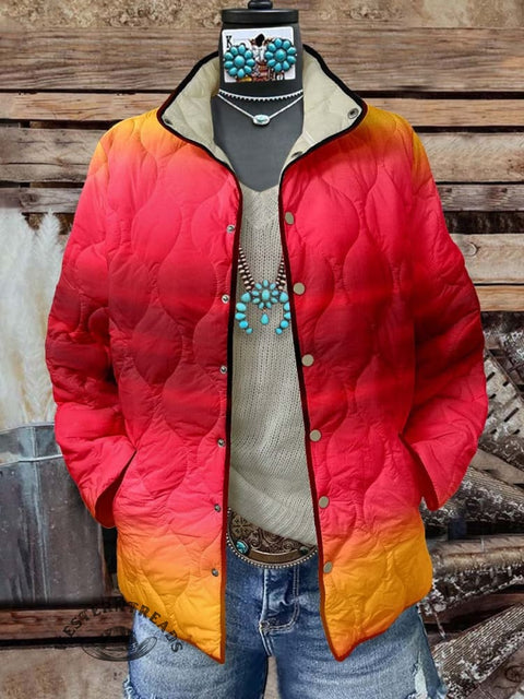 Red and Yellow Gradient Print Women's Casual Quilted Cardigan