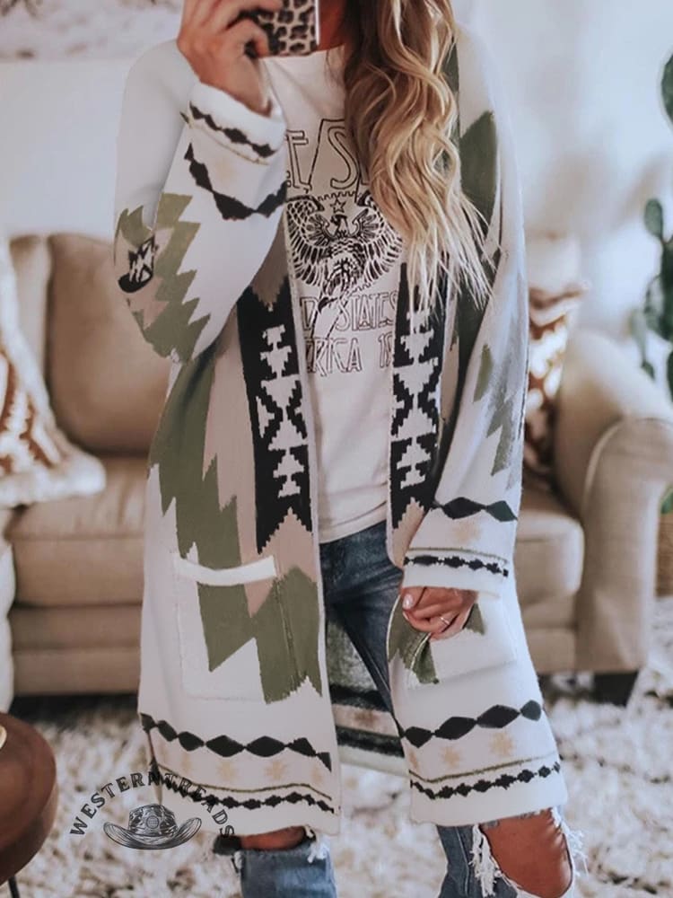 Women's Ethnic Retro Print Lapel Long Coat