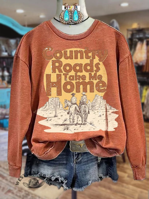 Country Road Takes Me Home Graphic Print Crew Neck Sweatshirt