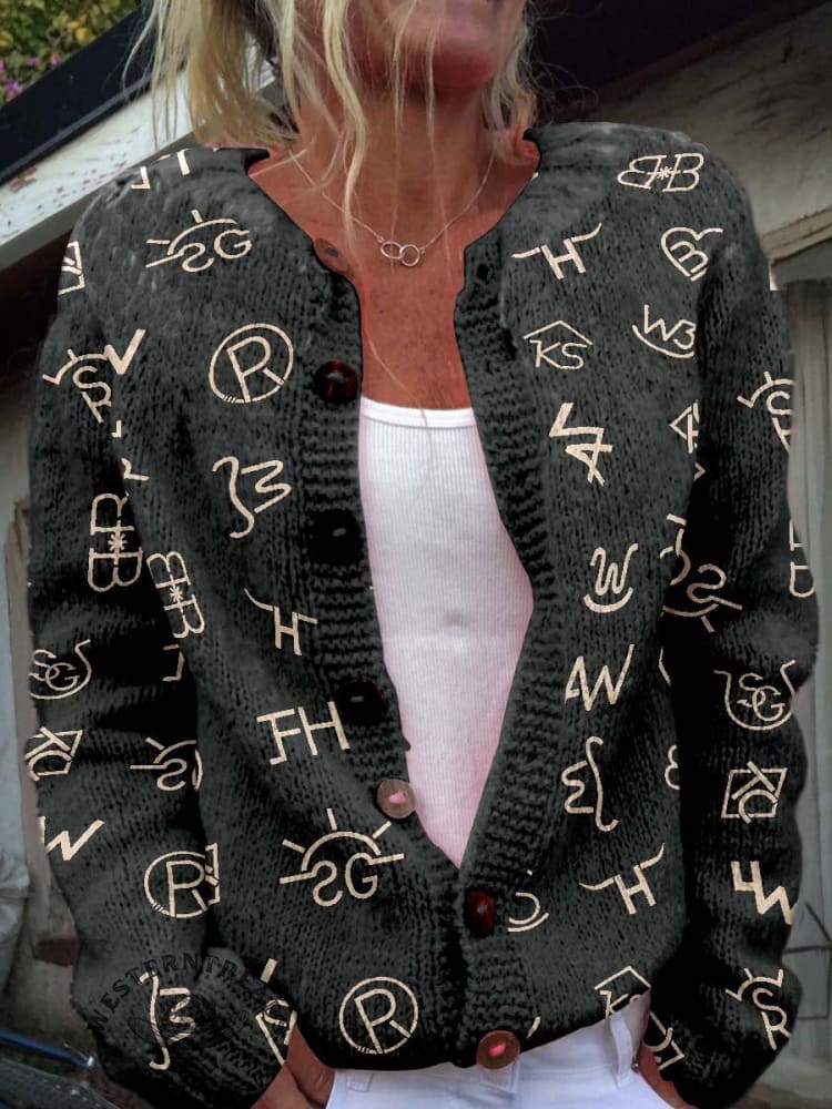Western Cattle Brands Print Buttoned Cardigan Sweater