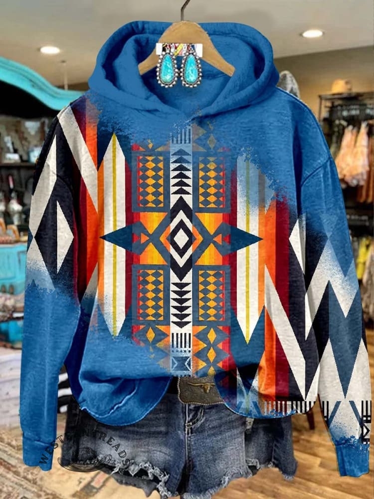 🔥Hot Sale🔥Blue Aztec Print Casual Sweatshirt