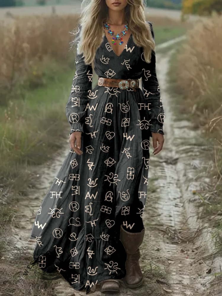 Women's Cattle Brands Print Pocket Cotton Dress