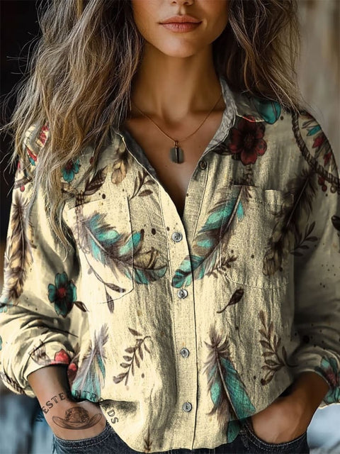 Women's Boho Feather Art Print Casual Long Sleeve Comfortable Cotton Shirt