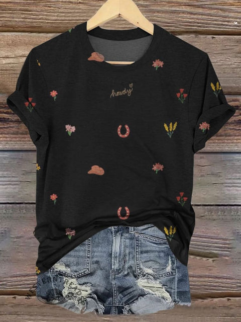 Simple Western Print Casual Short Sleeve Top