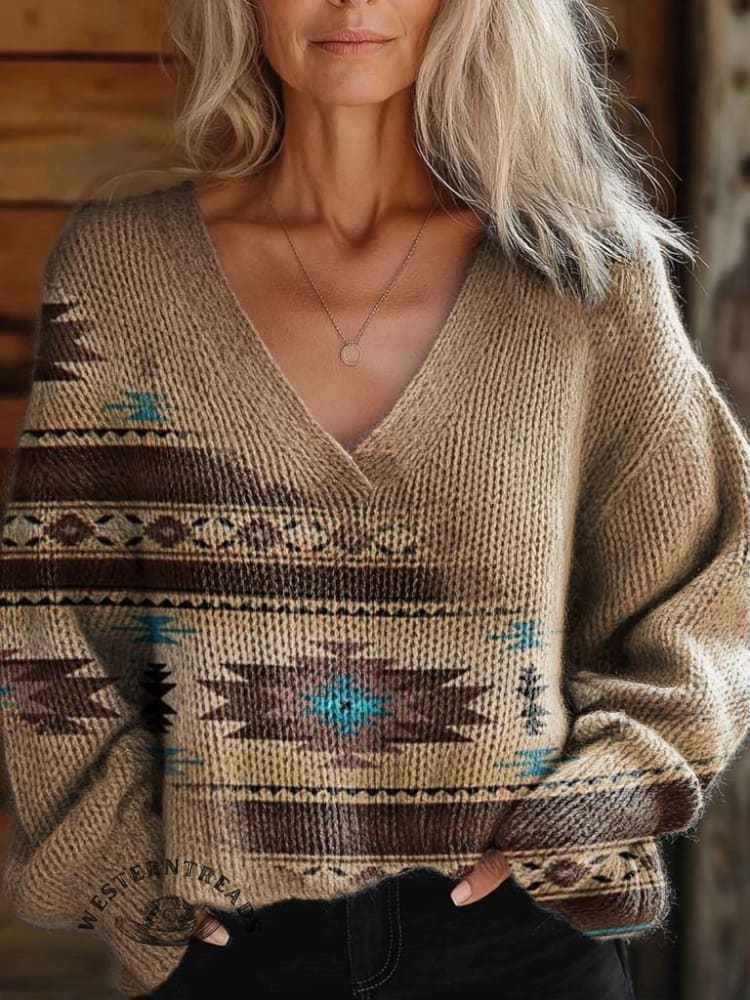 Women's Aztac Print Casual V-neck Pullover Knit
