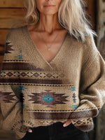 Women's Aztac Print Casual V-neck Pullover Knit