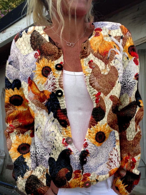 Chicken and Sunflower Print Buttoned Cardigan Sweater