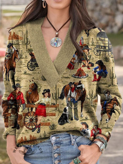 Hand Drawn Carriage Art Print Knit V-neck Pullover Sweater